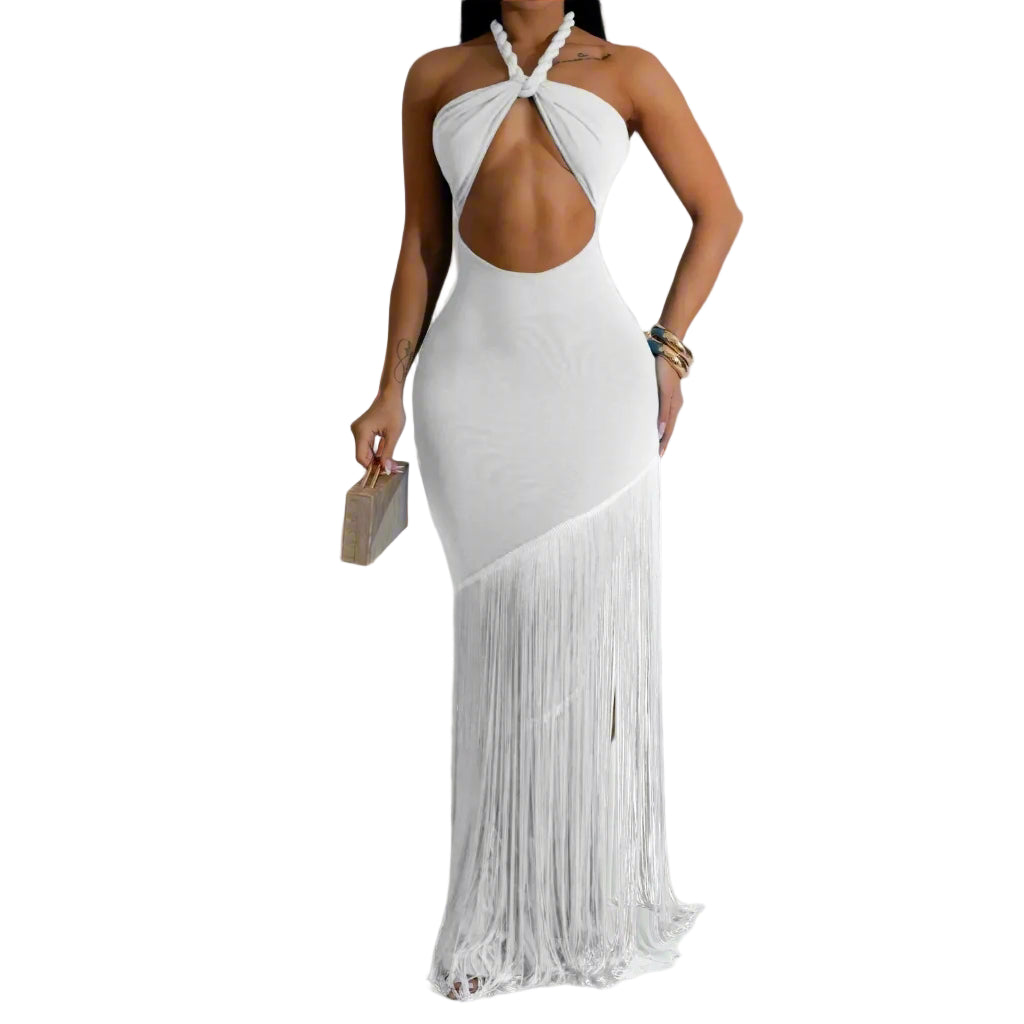 halter neck rope detail  white fringe dress