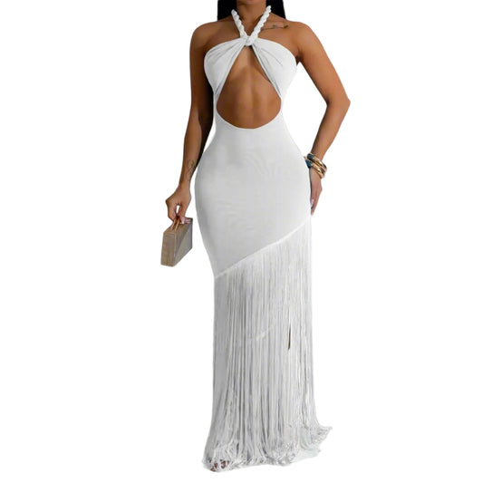 halter neck rope detail  white fringe dress