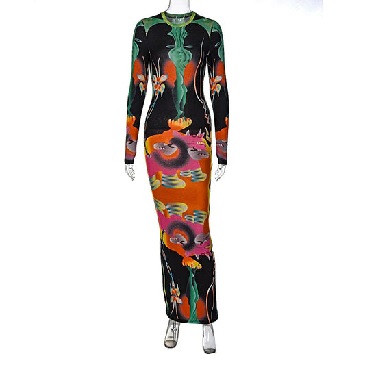 Aida Ink Print Long Sleeve Maxi Dress