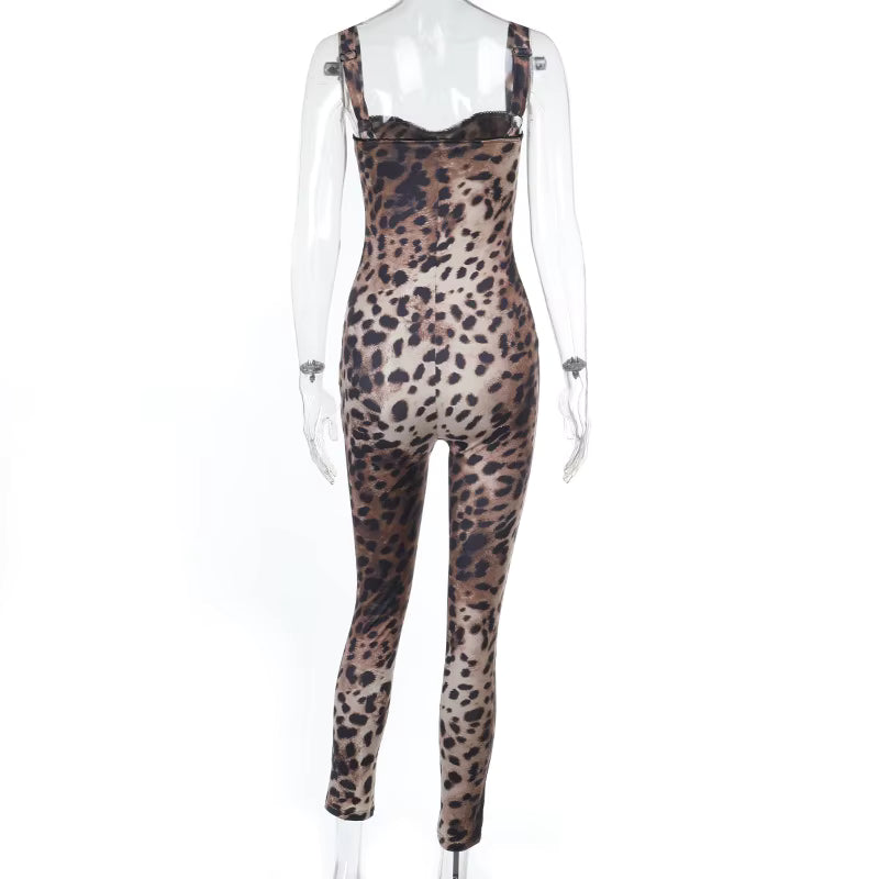 Monica Animal Print Jumpsuit W/Lace Detail