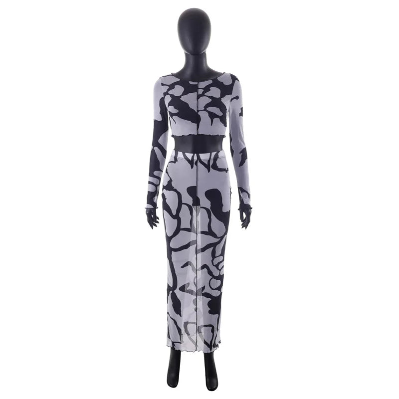 Solange Sheer Black & White Print Two-Piece Maxi Skirt Set