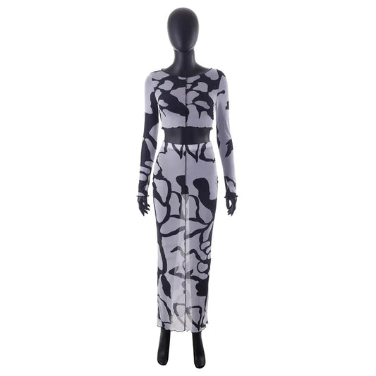 Solange Sheer Black & White Print Two-Piece Maxi Skirt Set