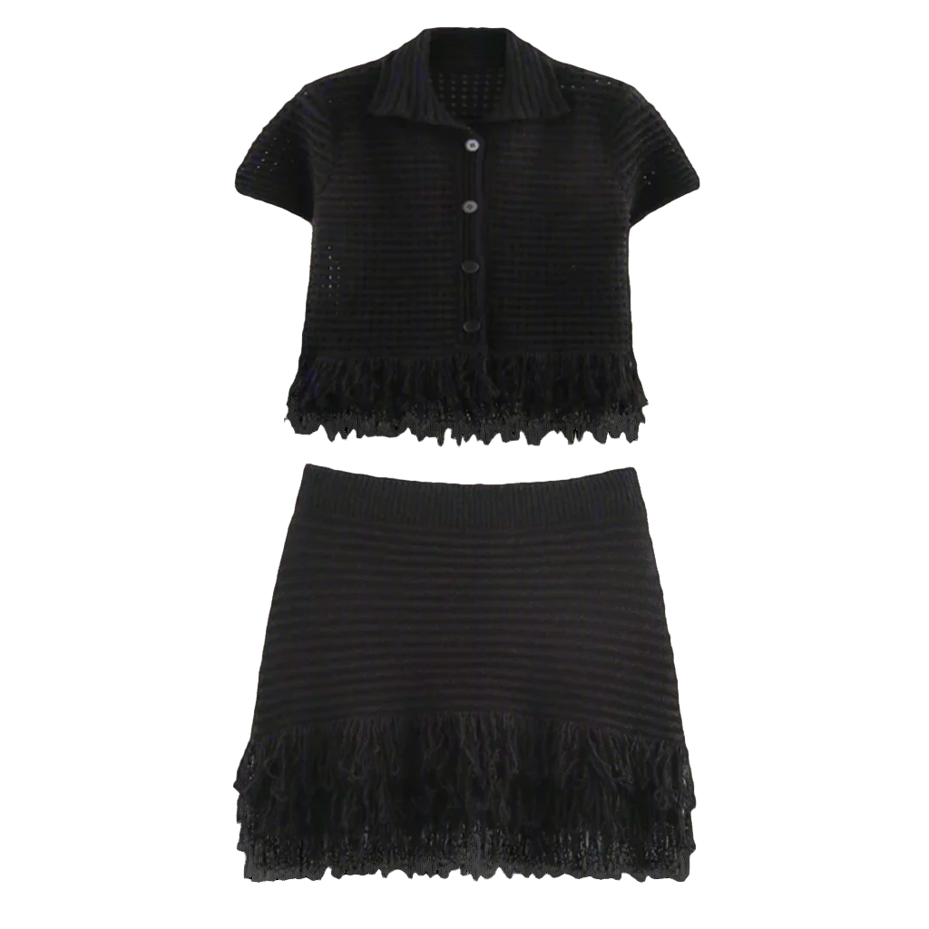 Black fringe top and skirt set 