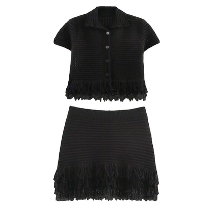Black fringe top and skirt set 
