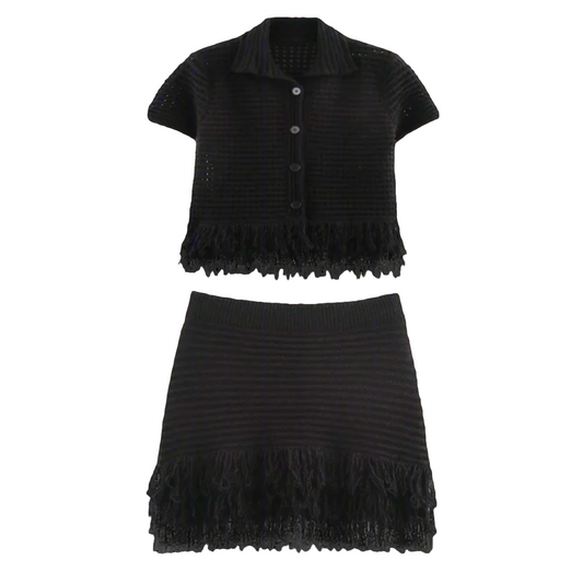 Black fringe top and skirt set 