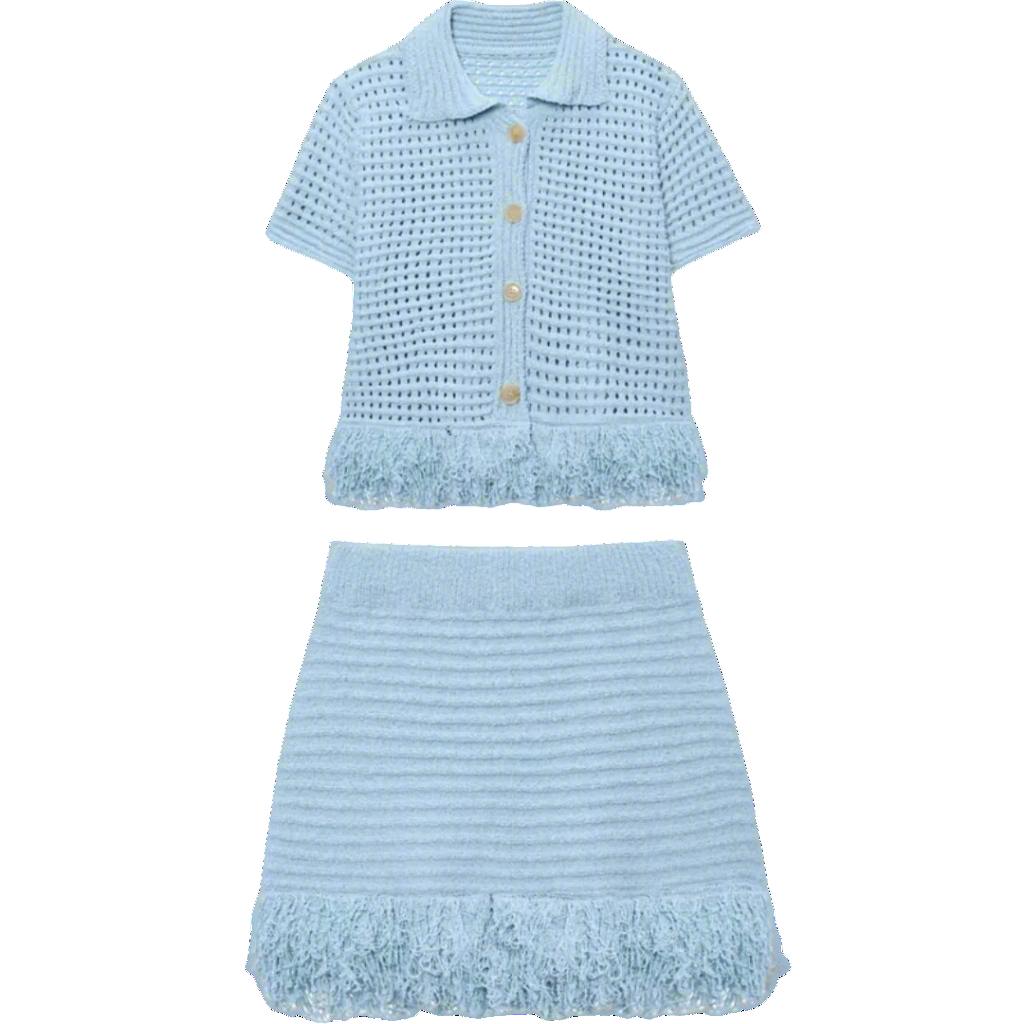 Light blue knitted outfit with a short-sleeve top and skirt 