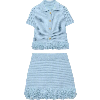 Light blue knitted outfit with a short-sleeve top and skirt 