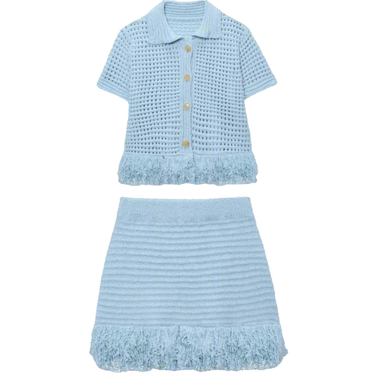 Light blue knitted outfit with a short-sleeve top and skirt 
