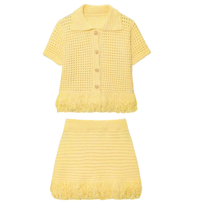 Yellow textured outfit with a short-sleeve top and skirt 