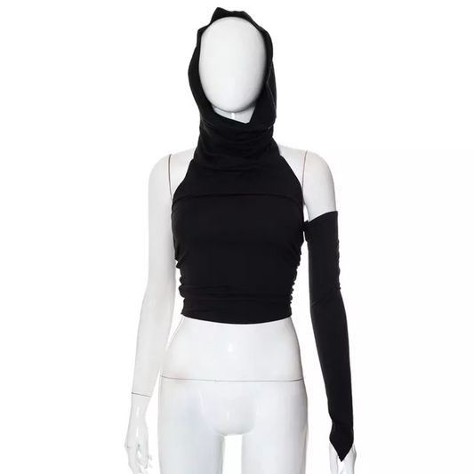 One Sleeve Backless Cropped Top Hoodie