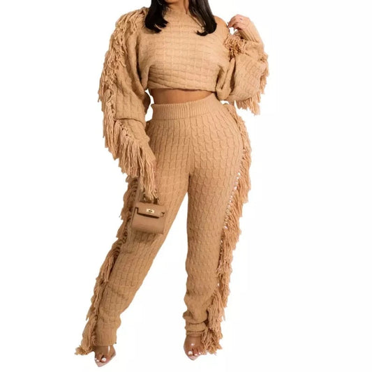 Long Sleeve Knit Fringe Two-Piece Pant Set