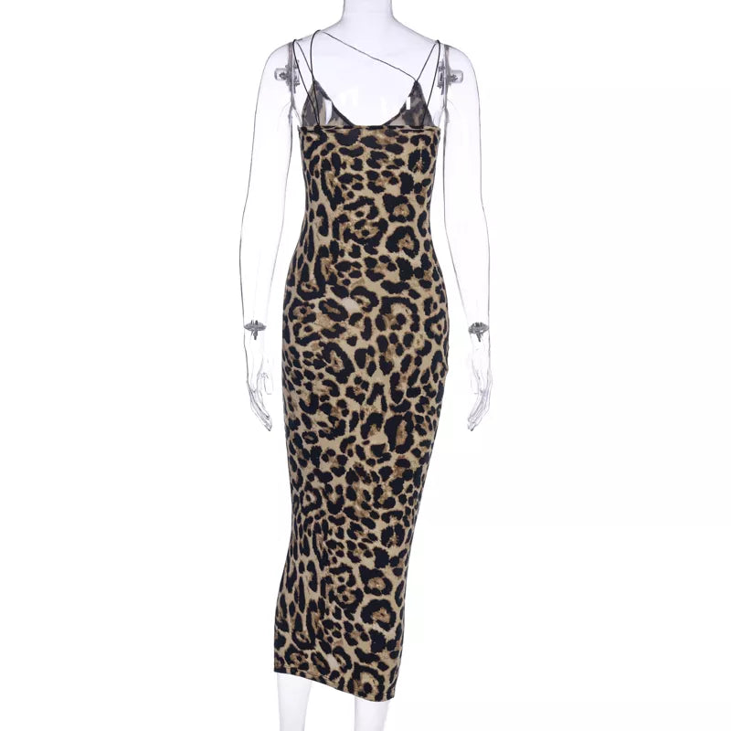 Off Shoulder Thin Strap Animal Print Midi Bodycon Dress