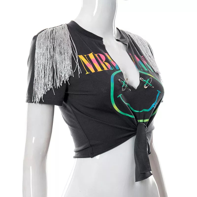 Short Sleeve Cropped Graphic Tassel V-Neck T Shirt