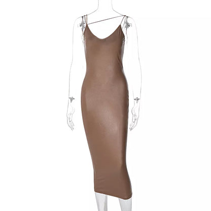 Faux Leather Spaghetti Strap Bodycon Midi Dress