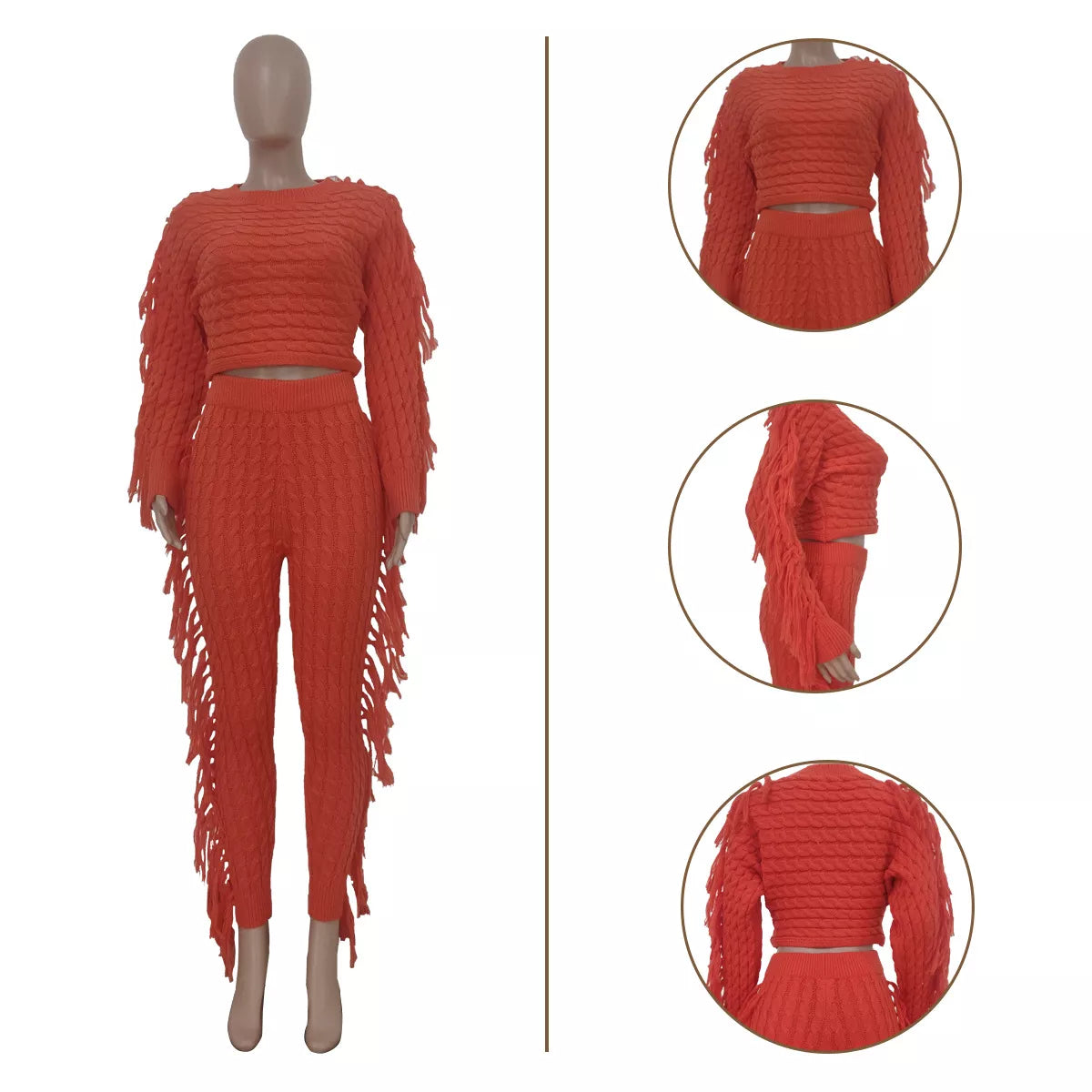 Long Sleeve Knit Fringe Two-Piece Pant Set