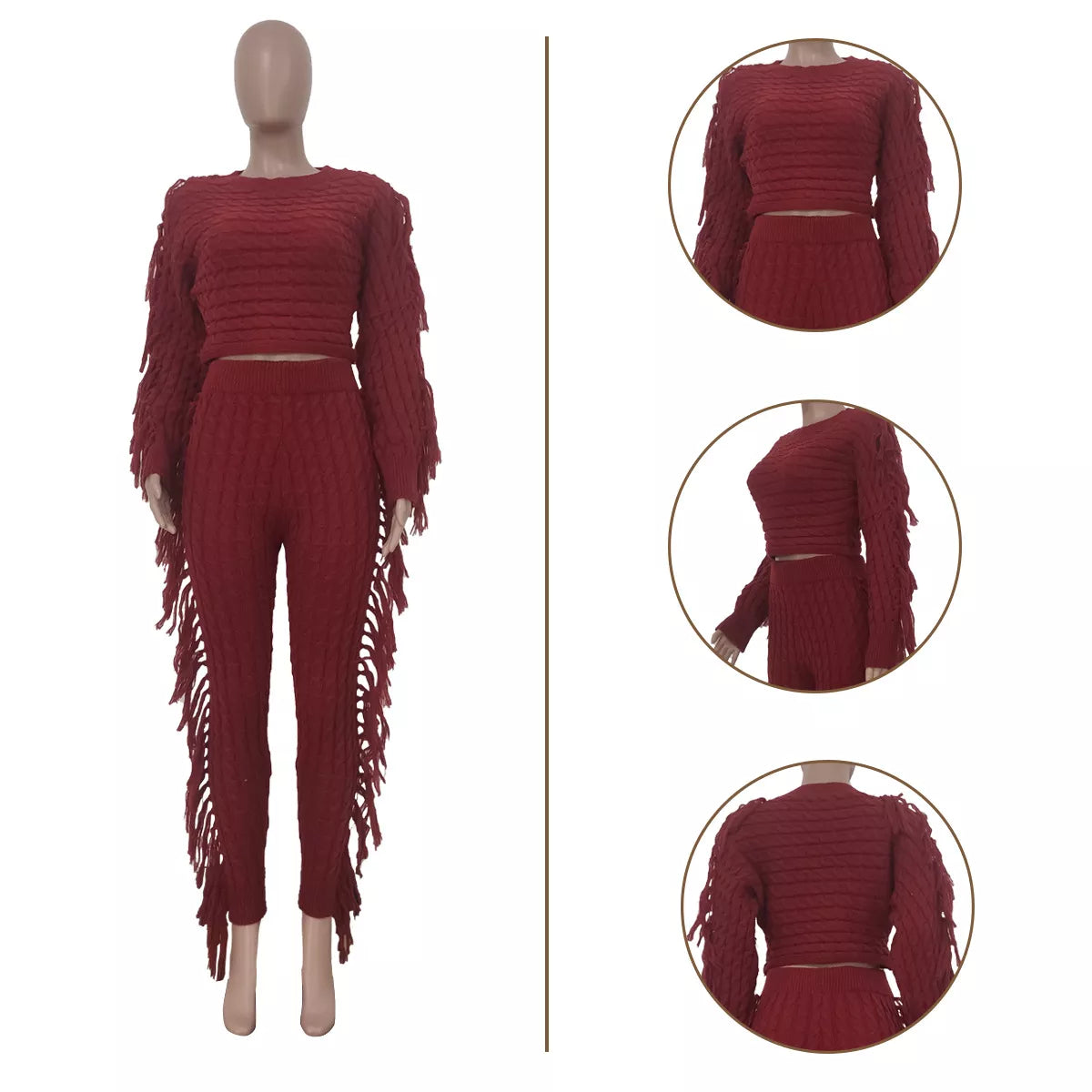 Long Sleeve Knit Fringe Two-Piece Pant Set