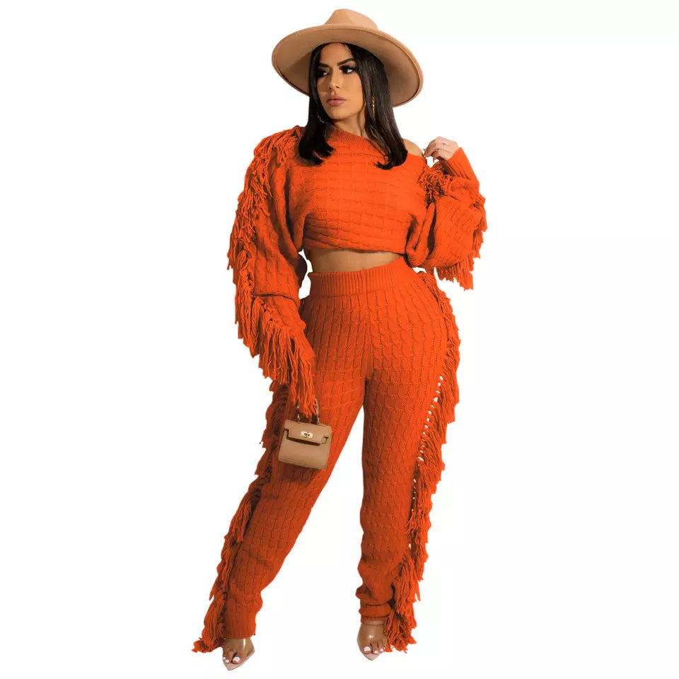 Long Sleeve Knit Fringe Two-Piece Pant Set