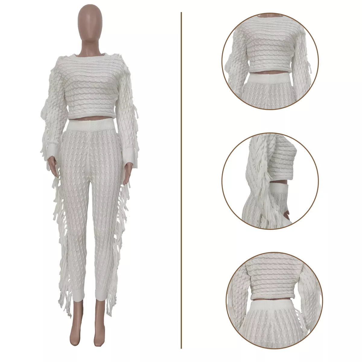 Long Sleeve Knit Fringe Two-Piece Pant Set