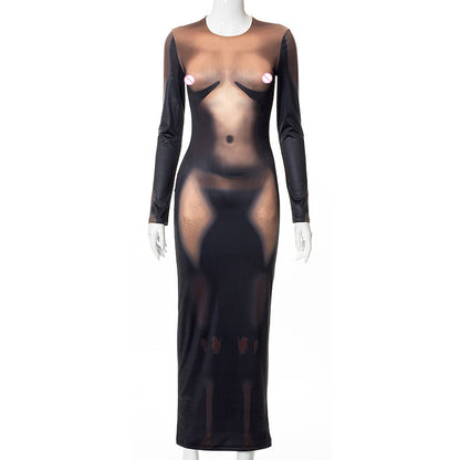 Long Sleeve Midi Bodycon Body Print Dress Sexy Women