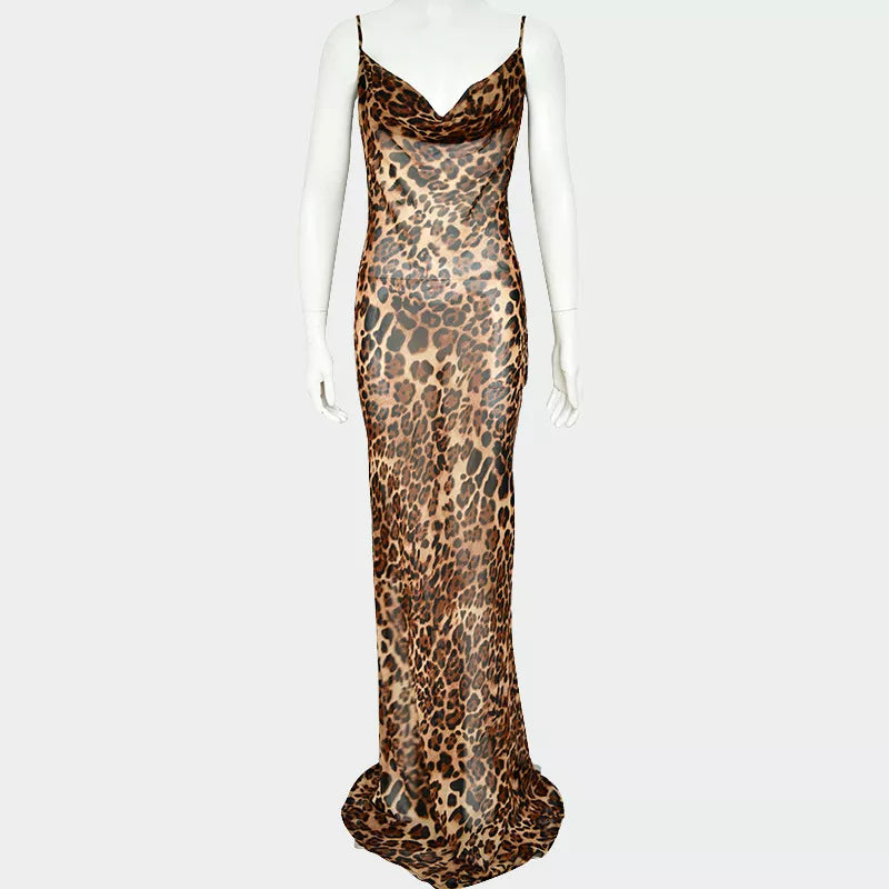 Sleeveless Leopard Print Maxi Slip  Dress