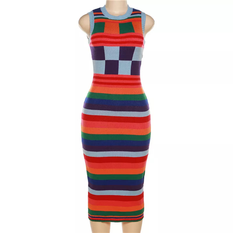 Sleeveless Color Block Midi Knitted Bodycon Dress