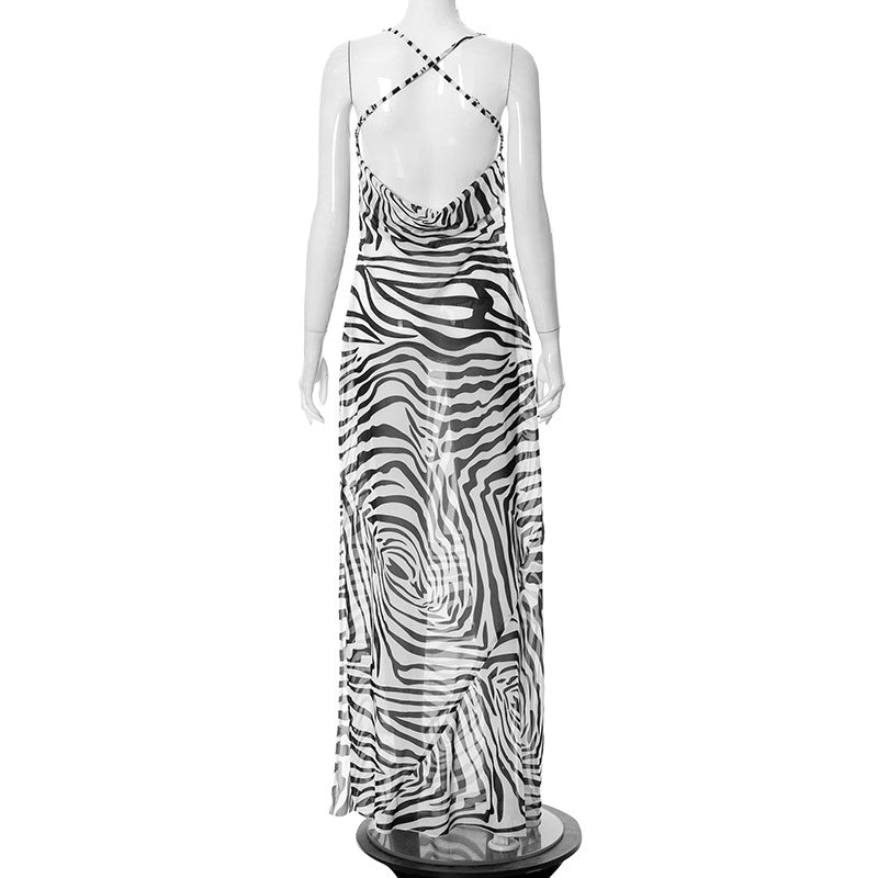 Sleeveless  Zebra Print Slip Style Maxi Dress