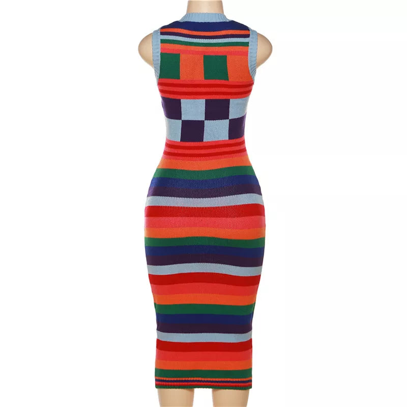 Sleeveless Color Block Midi Knitted Bodycon Dress