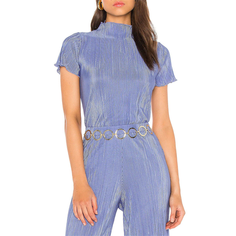 Two Piece Pleated Short Sleeve Pants Set