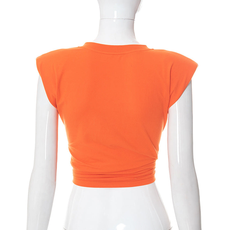 Sleeveless Knotted Crew Neck Crop Top T-Shirt W/ Shoulder Pads