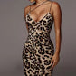 Off Shoulder Thin Strap Animal Print Midi Bodycon Dress