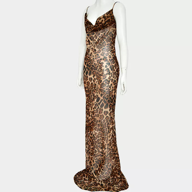 Sleeveless Leopard Print Maxi Slip  Dress