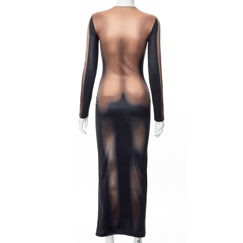 Long Sleeve Midi Bodycon Body Print Dress Sexy Women