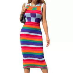 Sleeveless Color Block Midi Knitted Bodycon Dress