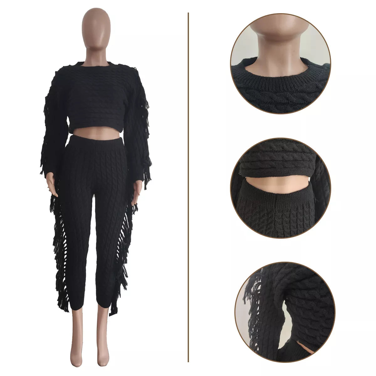 Long Sleeve Knit Fringe Two-Piece Pant Set