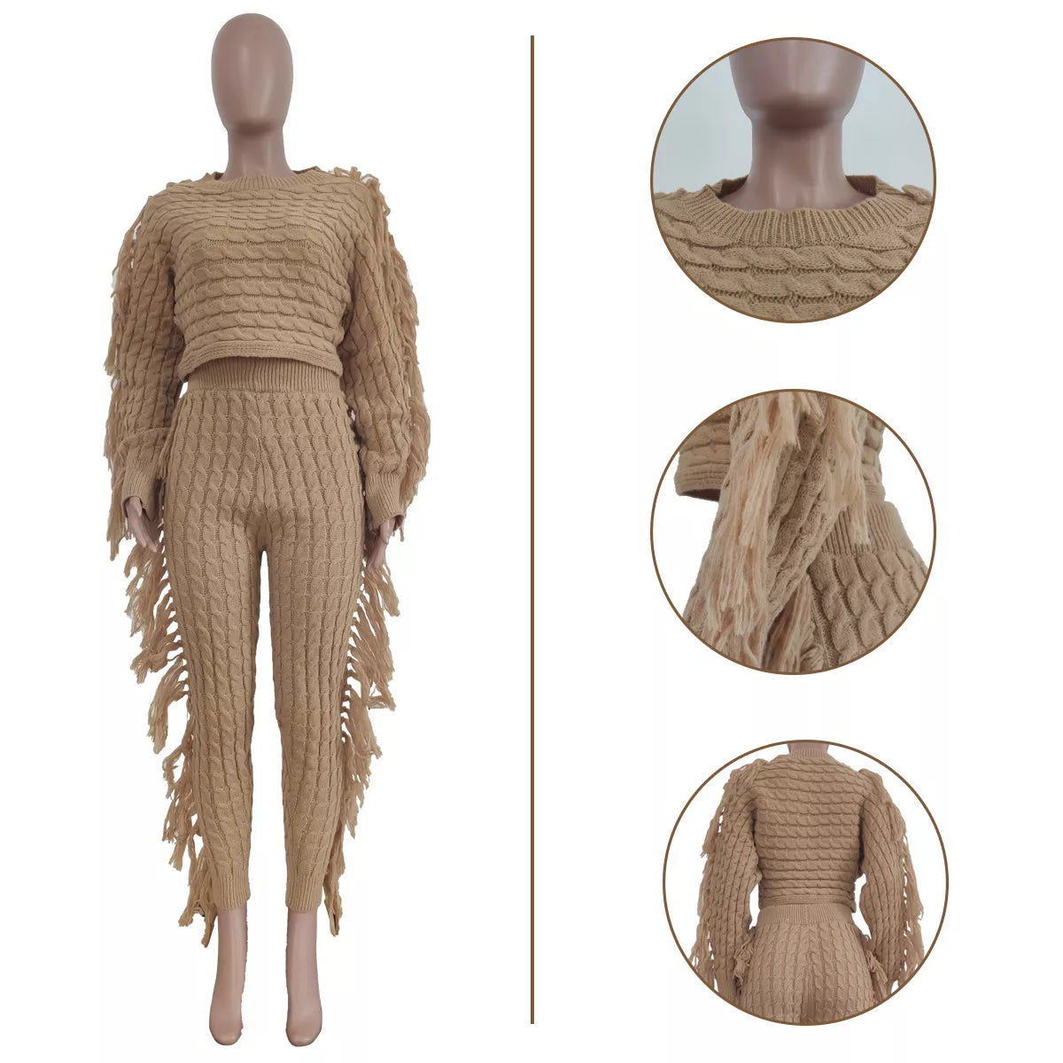 Long Sleeve Knit Fringe Two-Piece Pant Set