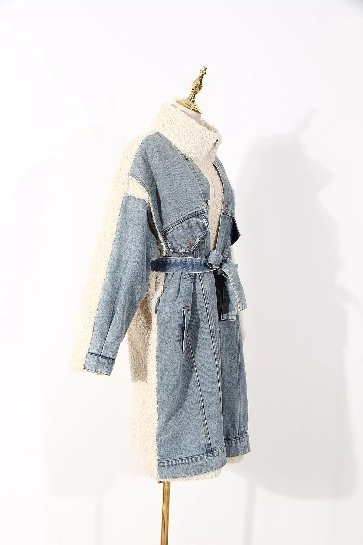 Long Faux Lamb + Denim  Teddy Coat