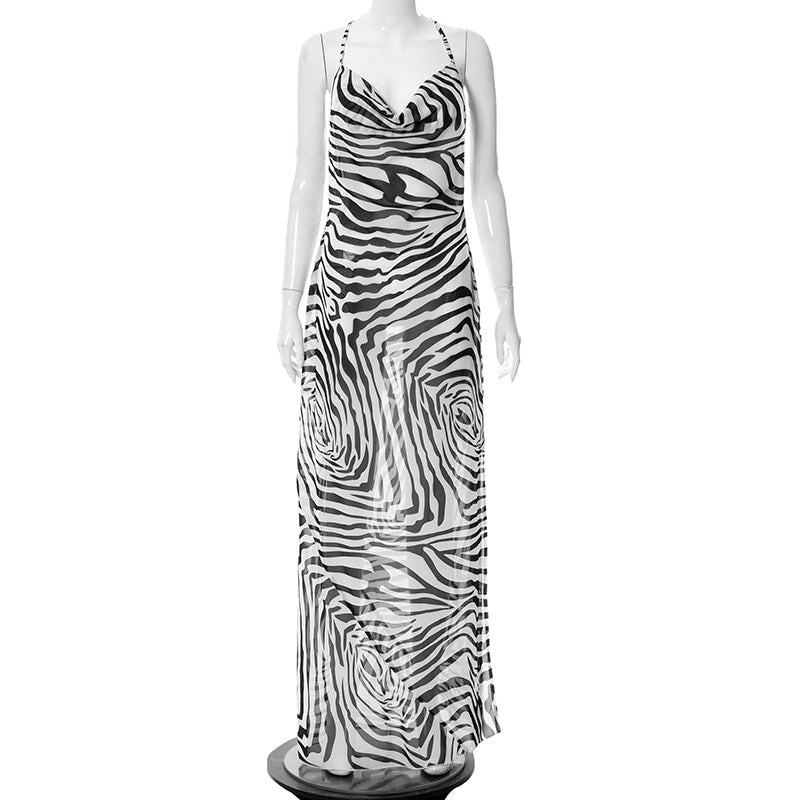 Sleeveless  Zebra Print Slip Style Maxi Dress