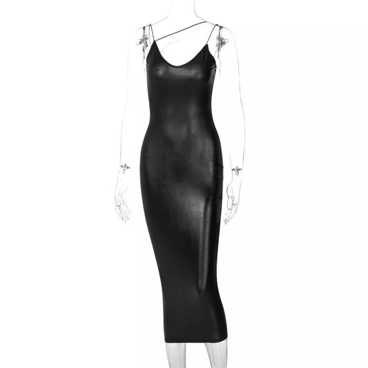 Faux Leather Spaghetti Strap Bodycon Midi Dress