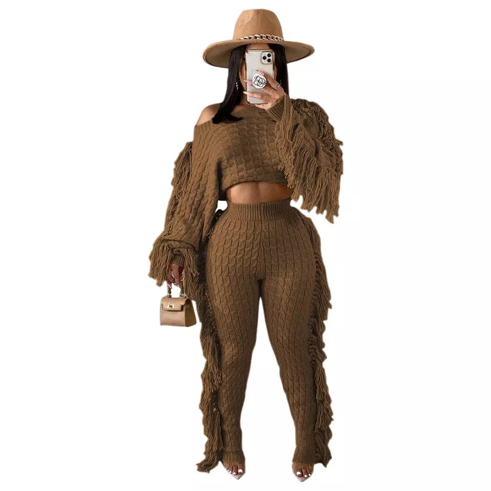 Long Sleeve Knit Fringe Two-Piece Pant Set