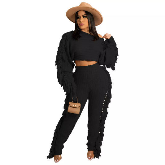 Long Sleeve Knit Fringe Two-Piece Pant Set