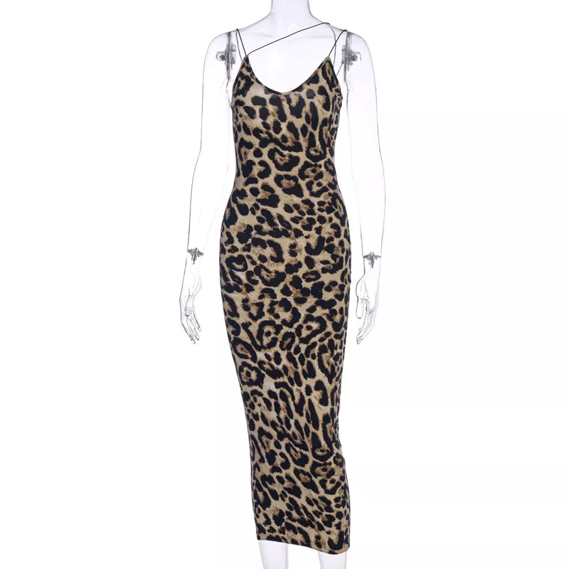 Off Shoulder Thin Strap Animal Print Midi Bodycon Dress