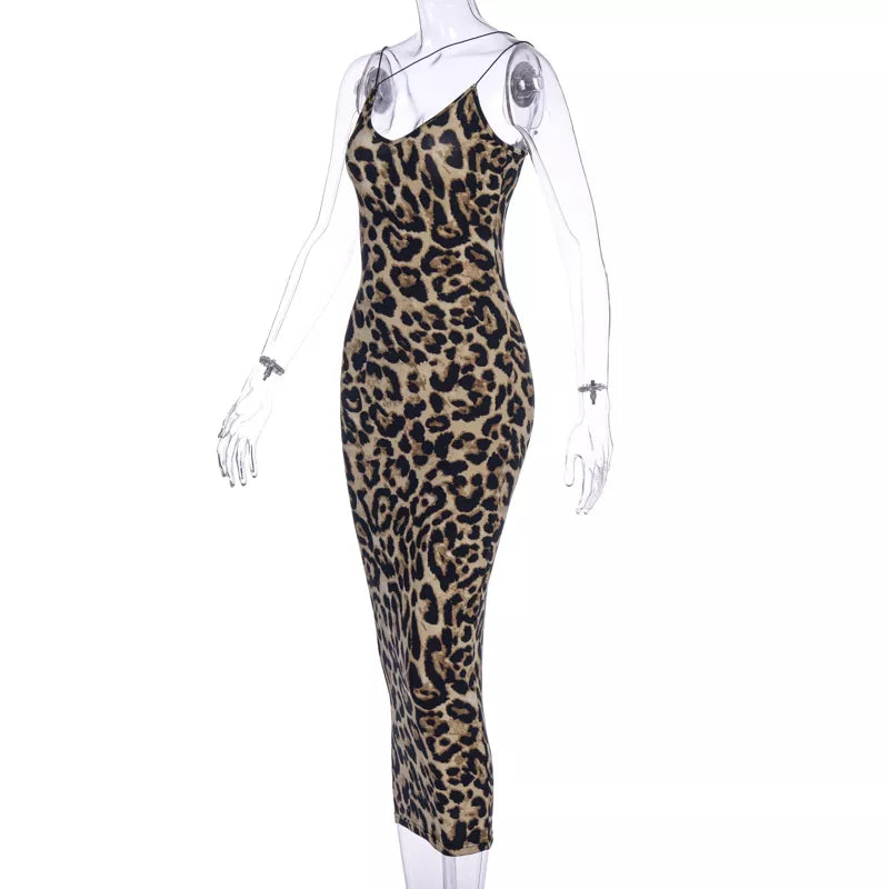 Off Shoulder Thin Strap Animal Print Midi Bodycon Dress