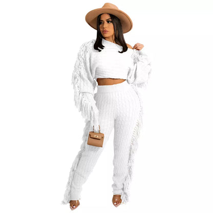 Long Sleeve Knit Fringe Two-Piece Pant Set