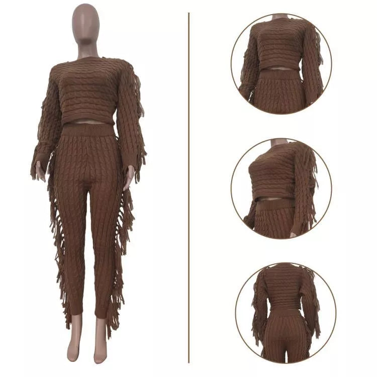 Long Sleeve Knit Fringe Two-Piece Pant Set