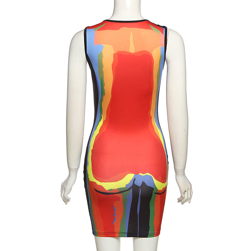 Sleeveless 3D Thermo  Bodycon Body Print Mini Dress