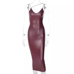 Faux Leather Spaghetti Strap Bodycon Midi Dress